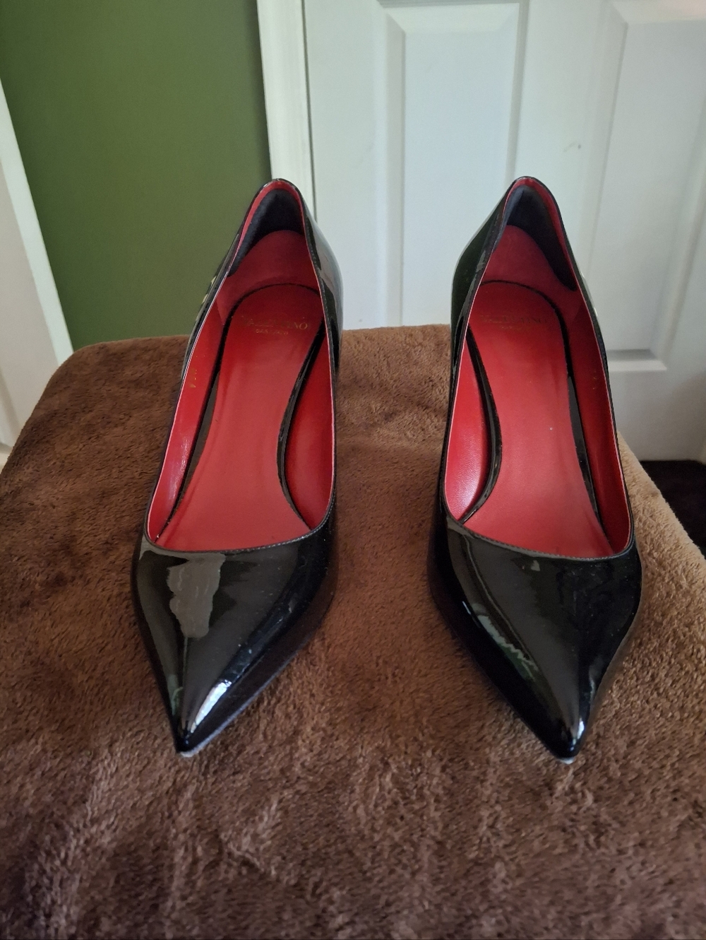 Valentino Black Patent Pointed Toe Pumps with Red Insole